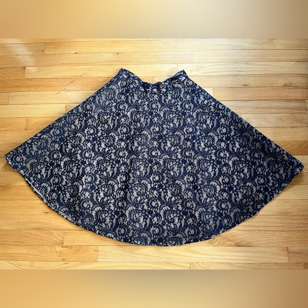 Francesca's Slip Skirt Size Small Beige Slip Navy Blue Lace Overlay A Line Midi